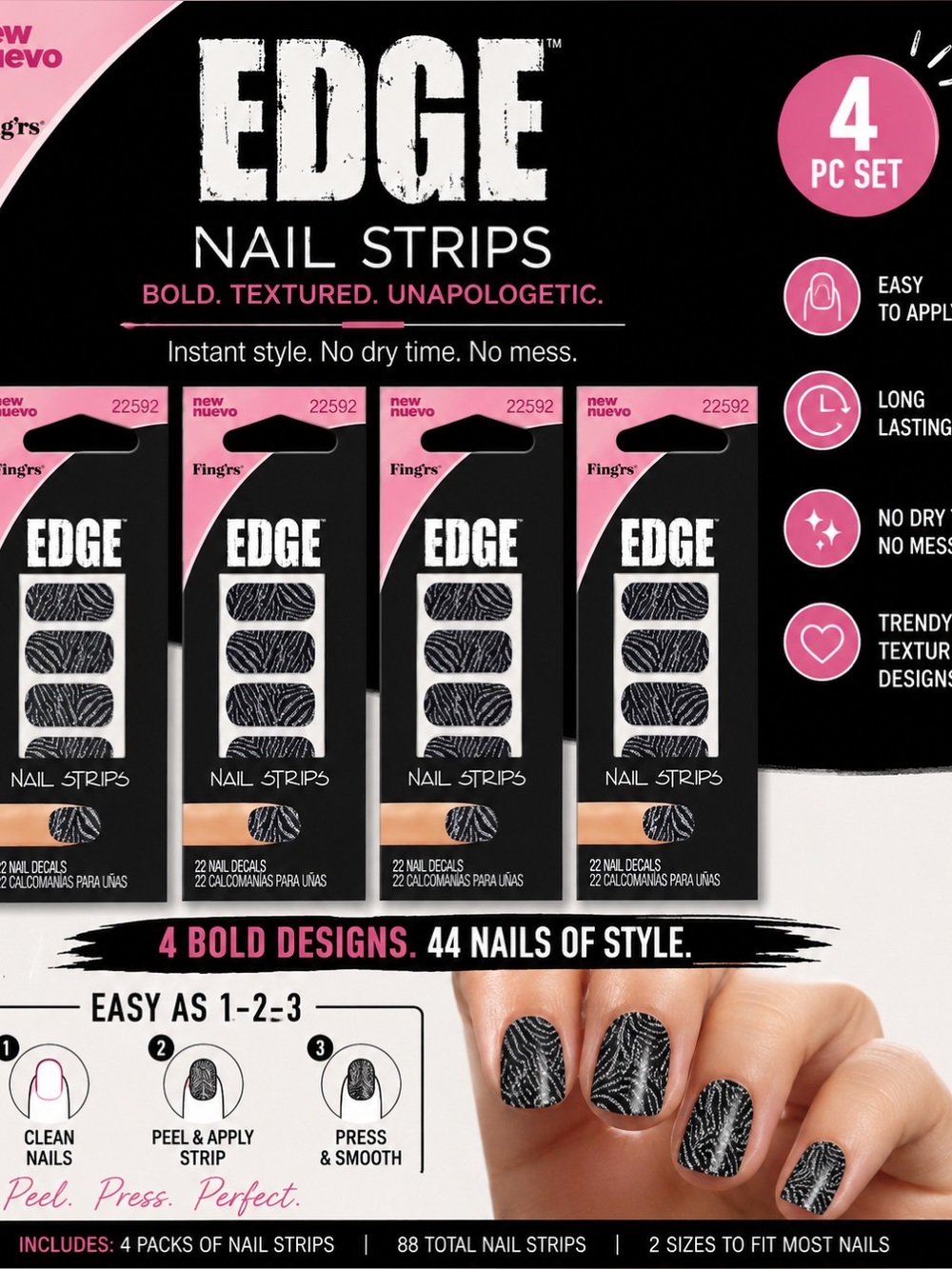 Fing’rs Edge Black Zebra Textured Nail Strips - 4 Pack
